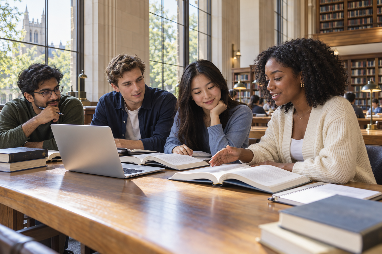 University students sharing ideas and studying together in a sunlit academic library